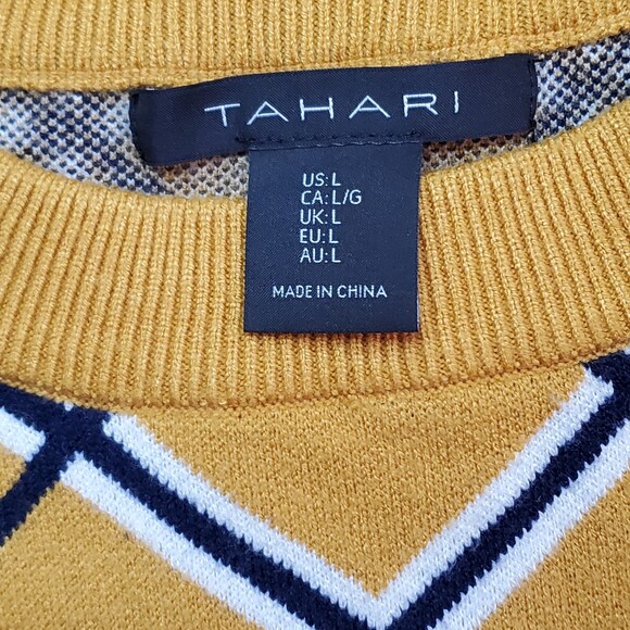 Tahari Crew Neck Yellow Womens Sweater Argyle Long Sleeve Striped Top SZ L - Picture 6 of 11